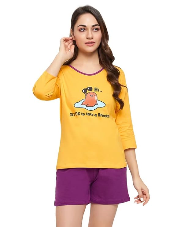 Clovia Women's Cotton Printed Graphic and Text Print Top & Chic Basic Shorts Set