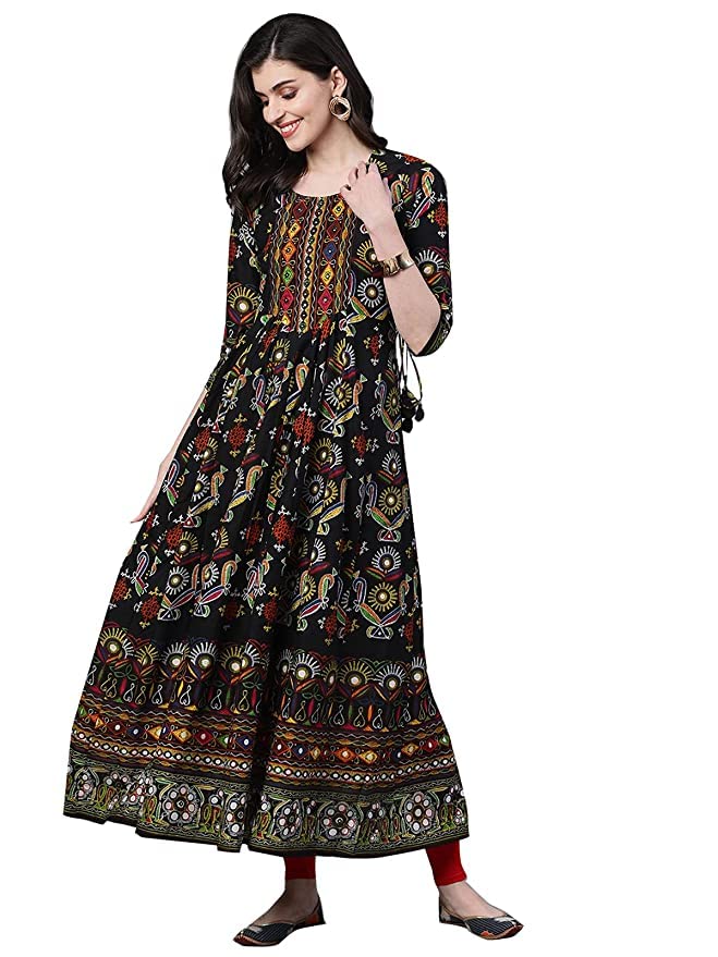 ishin Women's Cotton Black Gaatha Printed Anarkali Kurta