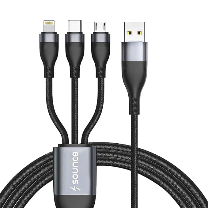 Sounce 100W / 6A Speed Fast Charging USB 3.0 Cable 4 Ft / 1.2m to 3-in-1 Long Charging Cord with Type C + Micro USB + Lightning Connector 480 Mbps Data Transfer for Laptop, Tablets, Smartphones & More