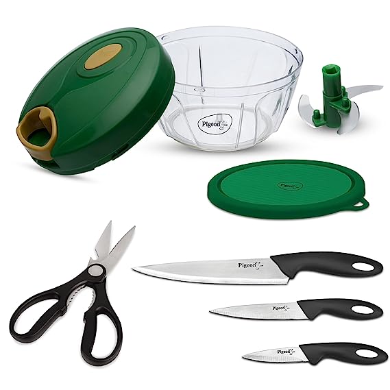 Pigeon by Stovekraft kitchen tools value combo (400ml chopper & storage, 3 knives set, 1 Kitchen scissor)