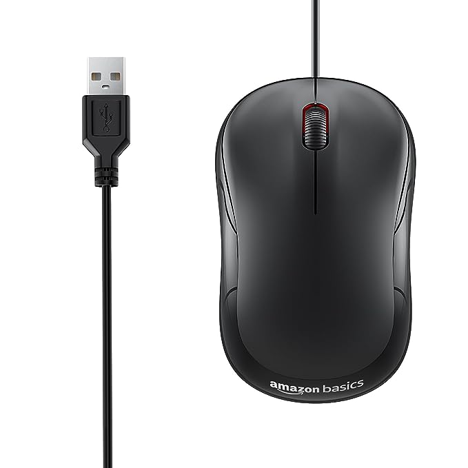 amazon basics Wired USB Mouse, 3-Button, 1000 DPI Optical Sensor, Plug & Play, for Windows/Mac