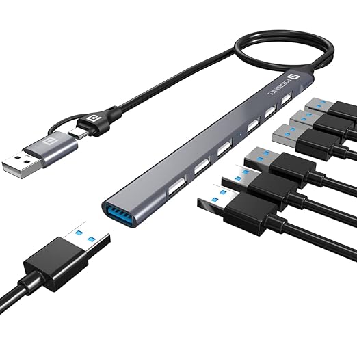 Portronics Mport 7 USB Hub Dock(7-in-1), Multiport Adapter with Dual Convertible USB & Type C Heads, Upto 5 Gbps Data Transfer Speed, 1 x USB 3.0 & 6 x USB 2.0 Ports for Laptop, MacBook, PC (Grey)