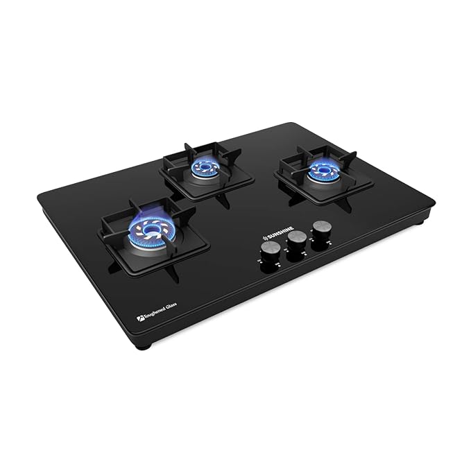 [Apply Coupon] - SUNSHINE Slimmest Magnite 3 Burner Glass Hob Top Cooktop Manual Ignition | 2 Years General Warranty (Burner, Gas Valve And Glass - 5 Years), Black