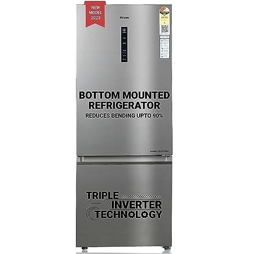 Haier 325 L 3 Star Frost Free Bottom Mount Double Door Refrigerator|Convertible 14-in-1|Jhukna Mat-Bottom Freezer|Digital Display Panel|Triple Inverter|Twist Ice Maker (HEB-333DS-P, Dazzle Steel)