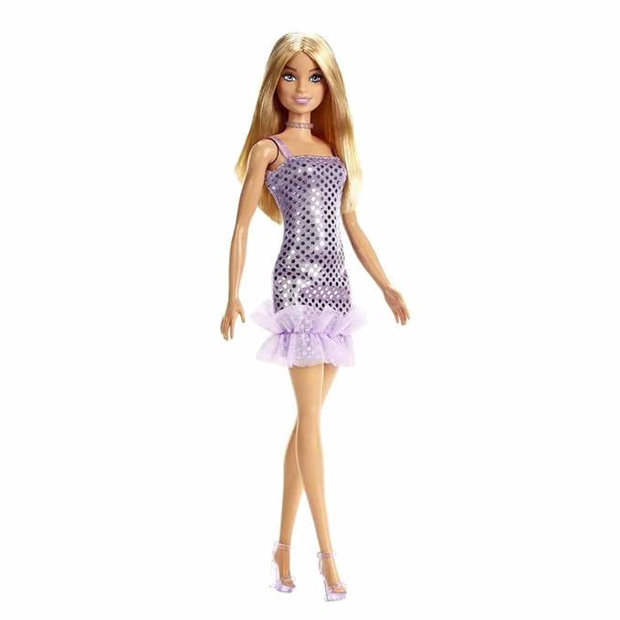Barbie® Doll, Kids Toys, Blonde Hair, Lavender Metallic Mini Dress, Trendy Clothes and Accessories, Gifts for Kids