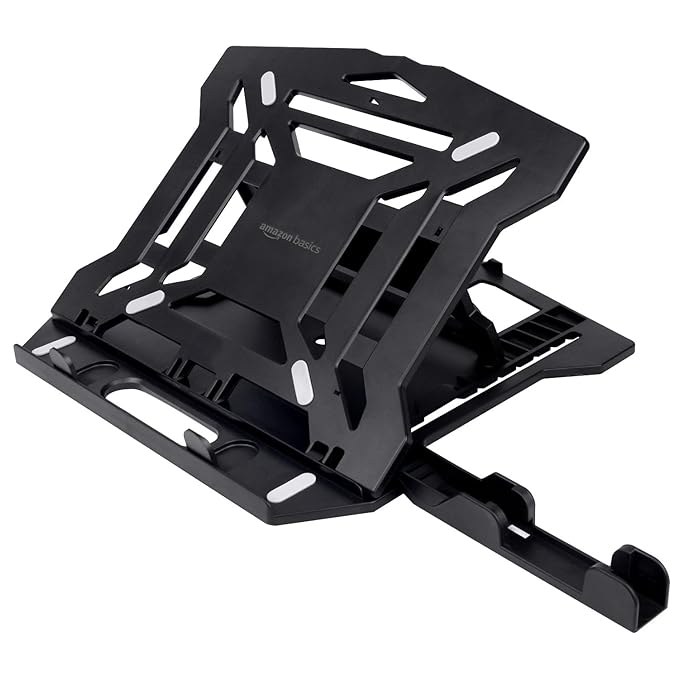 amazon basics ABS 2-in-1 Laptop and Mobile Stand, Ergonomic, Adjustable Height, Anti-Slip Base, Heat Dissipation, Portable, Lightweight, Compatible with All Laptops Up to 15.6" (Black)