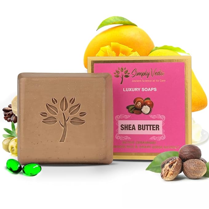 Simply Vedic Luxury Natural Handmade Shea Butter Soap Bar| Prevents Dryness, Clean & Plum Skin| Cold Processed with Essential Oils| Paraben, Sulphate Free, Bathing Soap for Men Women, 115g