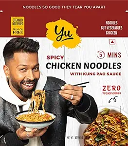 Yu Foodlabs - Instant Chicken Noodles with Real Chicken Pieces, Vegetables, Gravy, Chilli Oil & Non Fried Noodles - No Preservatives - 100% Natural - Ready To Cook 5 mins Hakka Noodles - 100g
