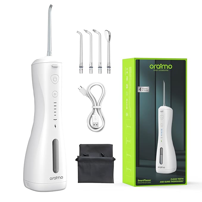 Oraimo Power Water Dental Flosser for Teeth,Smart Cordless Oral Irrigator | 220 ml Tank Capacity| 6 Modes Quickly Clean the 99% Food Residues and Plaque| With 4 Functional Jet Nozzles | IPX7 Waterproof Water Flosser