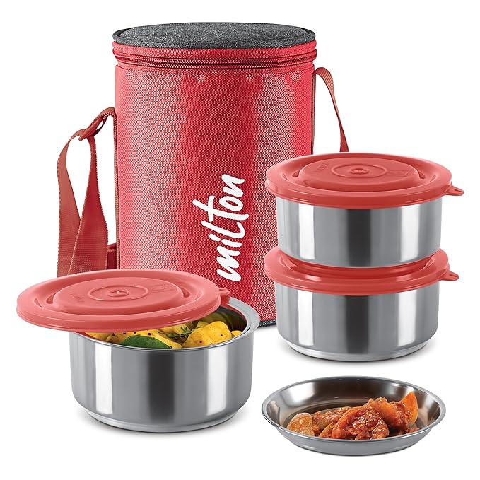 MILTON Ambition 3 Stainless Steel Tiffin, 3 Containers, 300 ml Each with Jacket, Red | Light Weight | Easy to Carry | Leak Proof | Food Grade | Odour Proof