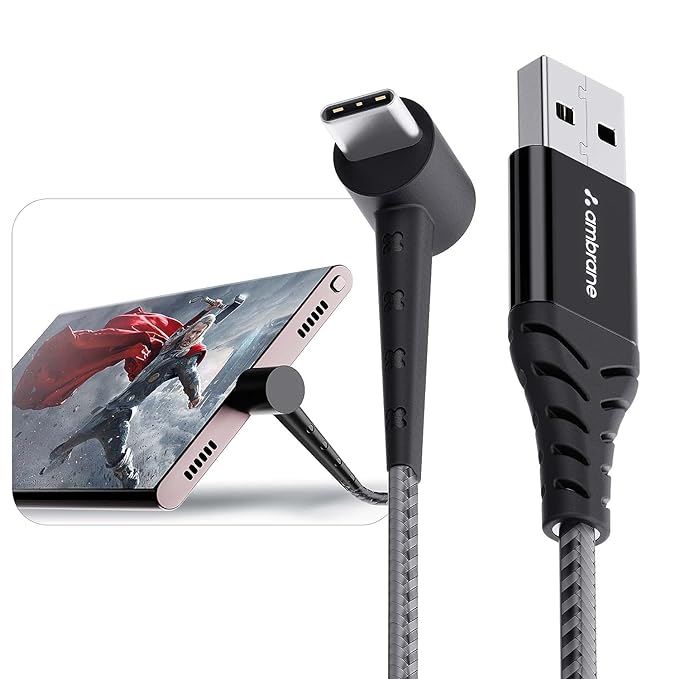 Ambrane Type C Standing cable, 3A Fast Charging, Perfect for Holding Mobile while Charging/Binge-Watching & 480 Mbps Data Sync Cable Compatible with all Type C Devices 1.5m (ABSC-15 Black)