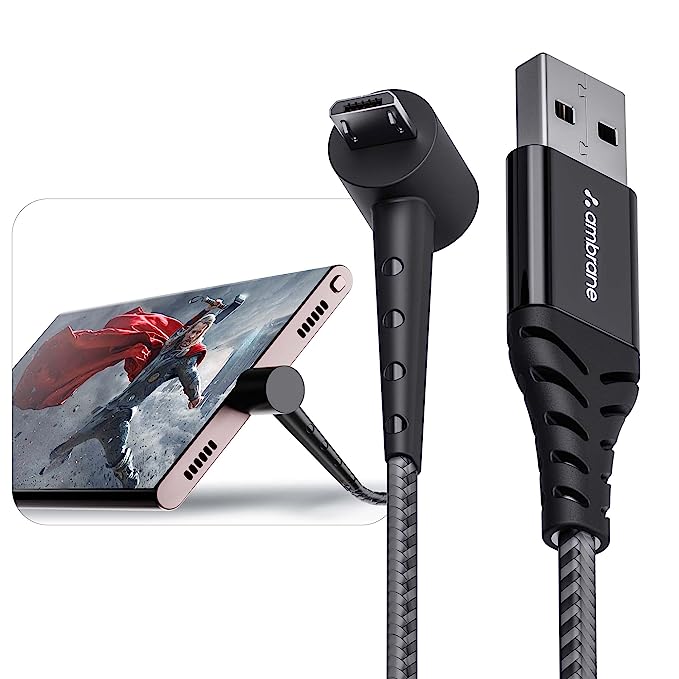 Ambrane Micro USB Standing Cable, 3A Fast Charging, Perfect for Holding Mobile while Charging/Binge-Watching, 480mbps Data Transmission, Braided Cable - 1.5m (ABSM-15 Black)