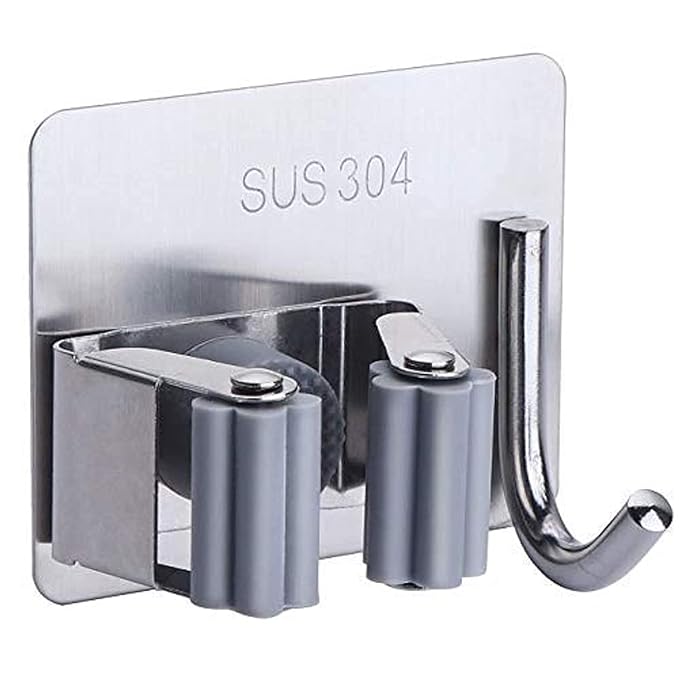 JIALTO Stainless Steel Mop and Broom Holder, Broom Holder Wall Mounted, Adhesive Storage Solutions for Broom Holders, Garage Storage Systems Broom Organizer (Pack of 1, Silver)
