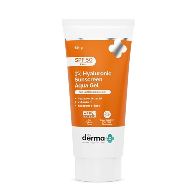 The Derma Co 1% Hyaluronic Sunscreen Aqua Gel SPF 50 PA++++ | Hydrating, Lightweight & Non-Greasy | No White Cast | Broad Spectrum & Blue Light Protection | Clinically Tested - (In-Vivo) | 80 g