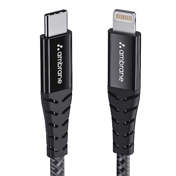 [Apply Coupon] - Ambrane Type-C to Lightning USB Cable, 22.5W Fast Charging, 480Mbps Data Sync Cable Compatible with iPhone, iPad, Macbook, iMac, AirPods, 1.25m (ABTL-125 Black)