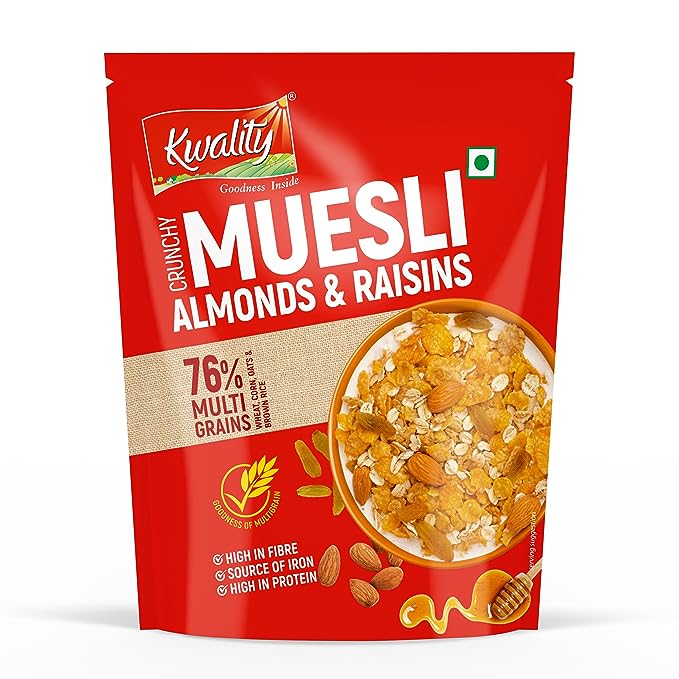 Kwality Muesli Crunchy Almond, Raisins and Honey, Goodness of Multigrain, High in Fibre Source of Vitamin, Iron and Protein 100g