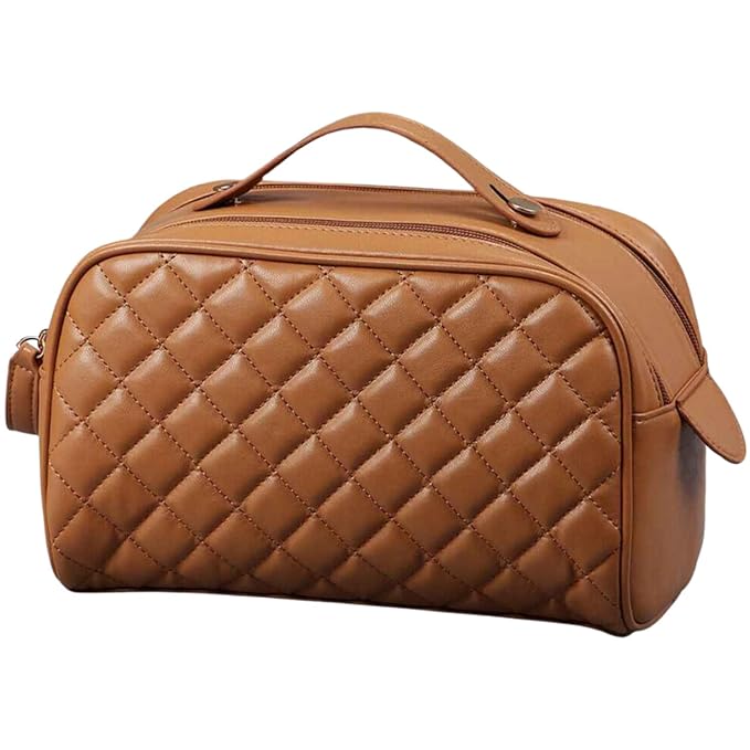 INKMILAN Women's Portable Makeup Travel Cosmetics Bag, Wide Opening Makeup Kit Organizer Storage Toiletry Bags with Handle and Divider for Easy Access (Blossom - Brown)
