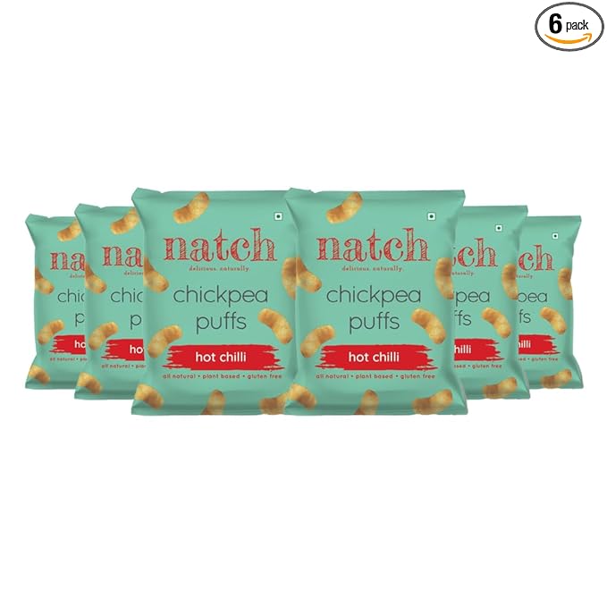 Natch Chickpea Puffs, 100% All Natural, Rich in Fiber and Protein, Gluten Free, Vegan, No Artificial Preservatives, Trans Fat Free, Hot Chilli, 20g each (Pack of 6)