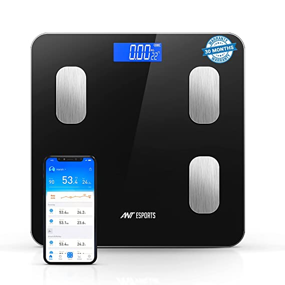 Ant Esports Flora Smart Scale for Body Weight and Fat, Digital Bathroom Scale Accurate to 0.1kg Weighing Machine for People's Muscle BMI, Bluetooth Electronic Body Composition Monitor, 180Kg  -  Black