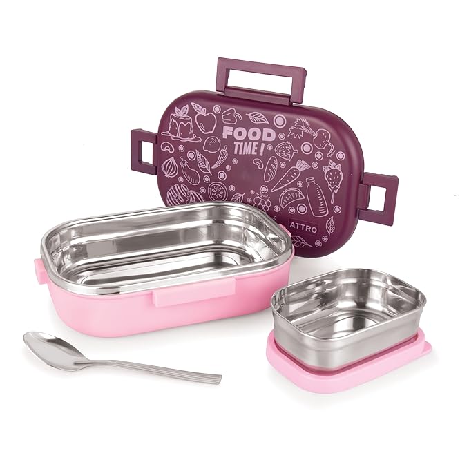 [Apply Coupon] - Attro Food Time Stainless Steel Lunch Box, Airtight & Leak Proof - 2 Containers with Spoon (Big 750 Ml & Small 250 Ml) for Office Use, School, Picnic - Purple & Pink