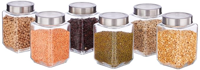 Amazon Brand - Solimo - Set of 6 Glass Jars - 650 ml - BPA-free, Airtight, Transparent