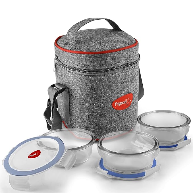 Pigeon Healthy Fresh High Borosilicate Microwavable Lunch Box Set (Set of 3, 400 Ml Each) with Lunch Bag, Office Lunch Box - Glass, Transparent