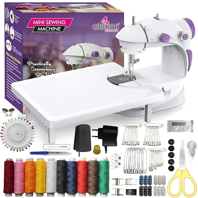 Akiara Mini Sewing Machine Electric for Home | Portable Sewing Machine with Table Set, Foot Pedal, LED Light & Sewing Kit  -  Tailor Machine for Home - 1 yr Warranty