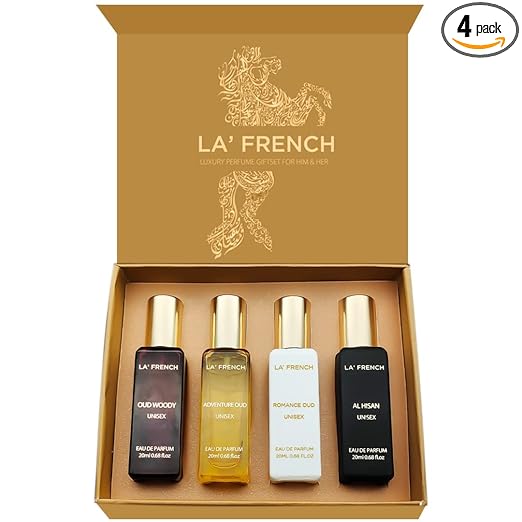 La French Oudh Unisex Eau De Parfum Best Perfume Gift Hamper Set 4 x 20ml for Men & Women | with Adventure Oud, Romance Oud, Al Hisan, Oud Woody | Eau De Perfume Set For Men and Women.