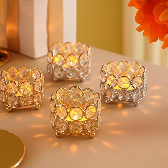 CentraLit Crystal Tealight Candle Holder for Home Decoration, Diya Diwali Decoration Items Small T Lites Christams Diya Votives -Return Gift for Wedding Table Decor (Gold (Pack of 4)