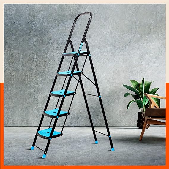 Bathla Boost Rhino 5-Step Foldable Steel Ladder for Home with Anti-Slip Steps (Black + Blue)