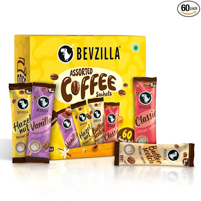 Bevzilla 60 Instant Coffee Powder Sachets(4 Flavours) - 120 Grams | Turkish Hazelnut, Colombian Gold, French Vanilla & English Butterscotch | 15 Sachets Each Flavour| Makes 60 Cups| 100 % Arabica Coffee| Strong Coffee