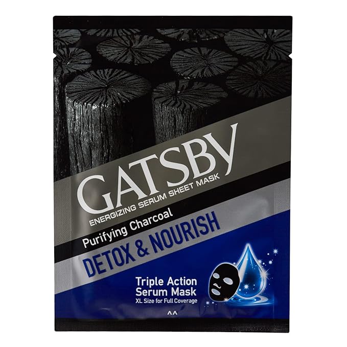Gatsby Energizing Serum Sheet Mask - Purifying Charcoal | Detox & Nourish | Activated 100% Natural Bamboo Charcoal Sheet Mask | Triple Action Serum Face Mask | XL Size For Full Coverage