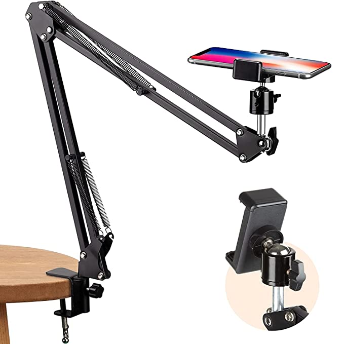Sounce Lightweight Tabletop Stand Phone Holder, Metal Long Lazy Arm and Bracket for All Mobile for Video Recording, Streaming Video, Office, Compatible Upto 4-7 Inches [Black]