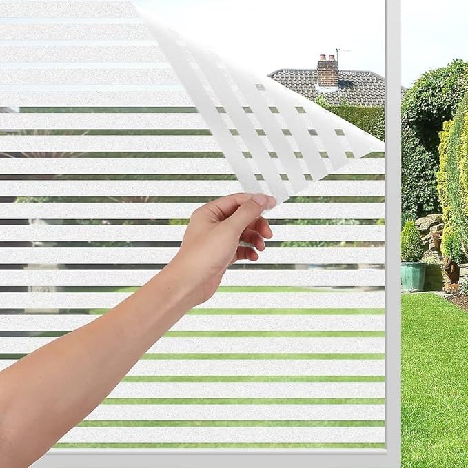 WISDOM Privacy Window Film Frosted Glass Film Glass Film No Glue Anti-UV Window Sticker Non Adhesive for Privacy Office Meeting Room Bathroom Living Room (Stripe Frosted, 12 x 50)