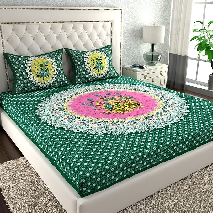 La Verne104 TC 100% Cotton Jaipuri Rjasathani Hand Print Bedsheet with 2 Pillow Covers (L.Green)