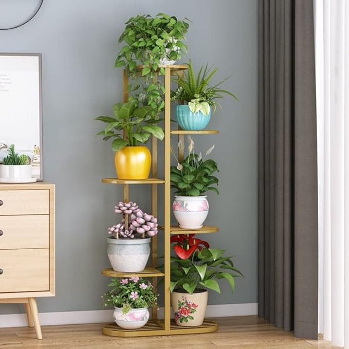 A Trendy Ultra Luxury Metal 6 Tier 7 Potted Plant Stand Multiple Flower Pot Holder Display For Indoor Outdoor Size- Hxl 41X18 Inch (Gold, Corner Shelf) - Free Standing