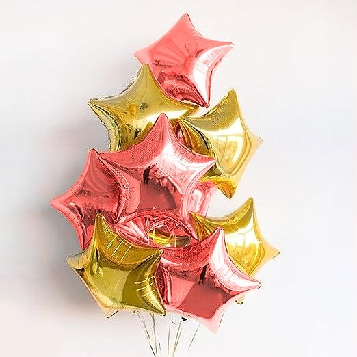 Just Party 5 Pcs Gold & Rose Gold 18 Inch Star Shape Foil Balloons with Shiny Surface For Birthdays/Anniversary/Engagement/Baby Shower Party Decorations (Satin Roll & Straw Included)