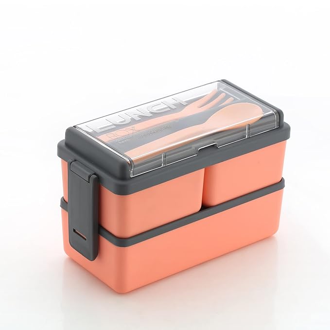 TEX-RO 3 Compartment Lunch Box for Office Men and Lunch Box for Kids, Microwave Safe Lunch Boxes (Pack of 1, Orange&Grey, Plastic), 1400 Milliliter