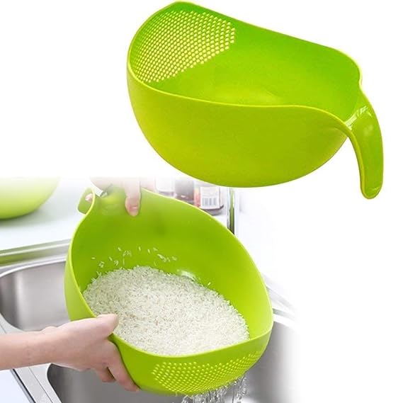 E-COSMOS Bowl with Water Strainer Multi-Use Strainer/Washer Bowl for Rice Vegetable & Fruits (Rice Bowl) (Pack of 1, Green)