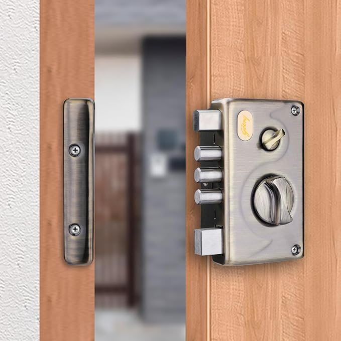 Godrej EXS+ Technology Pentabolt 1 CK Deadbolt Rim Lock For Main Door, Suitable For Out Side Opening Wooden Door Rim Lock With 4 Keys (Silver, Pack of 1