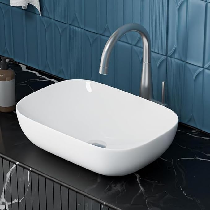 META Premium Ceramic Table Top Wash Basin | Smooth Curved Rectangular Countertop Vessel Sink for Bathroom | Sleek White Glossy Finish | Modern Luxury Vanity Basin (20x14x5.5 Inch)