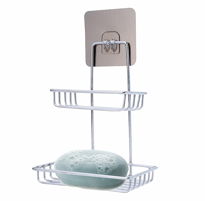 BONIRY Wall Mounted Double Layer soap Dish Holder Stainless Steel Wall Hanging Soap Storage Rack for Kitchen Bathroom-with Self Adhesive Magic Sticker - Silver