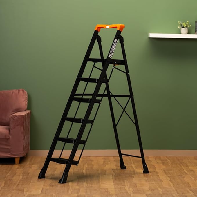 Bonkaso Alloy Steel Climb Master 6-Step Foldable Heavy Duty Ladder for Home, Indoor and Outdoor Purpose with Anti-Slip and Advanced Locking System - (Black&Orange)