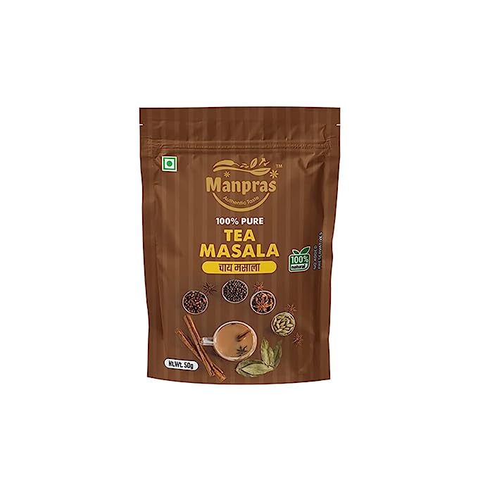Manpras Tea (Chai) Masala 50 gm(Pack of 1), 100% Natural, No Preservatives, Standy Pouch & Ziplock Packing