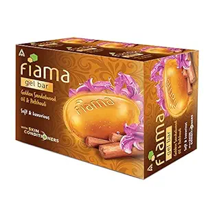 Fiama Gel Bathing Bar Golden Sandalwood Oil and Patchouli with Skin Conditioners for Moisturized, Soft and Luxurious Skin, 375g (125g - Pack of 3), Soap for Women & Men, For All Skin Types