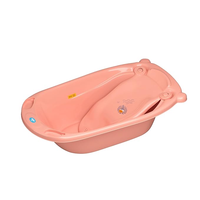 Supples Baby Bathtub and Bath Sling, Spacious, Portable, Storage Slots, Safe, with Water Drain (Pink)