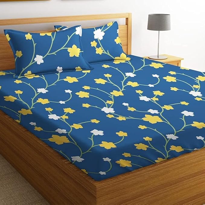 BSB HOME 100% Microfiber bedsheet for Double Bed with 2 Pillow Covers Breathable | Wrinklefree and Softtouch Floral Print Sheet- White Yellow & Blue