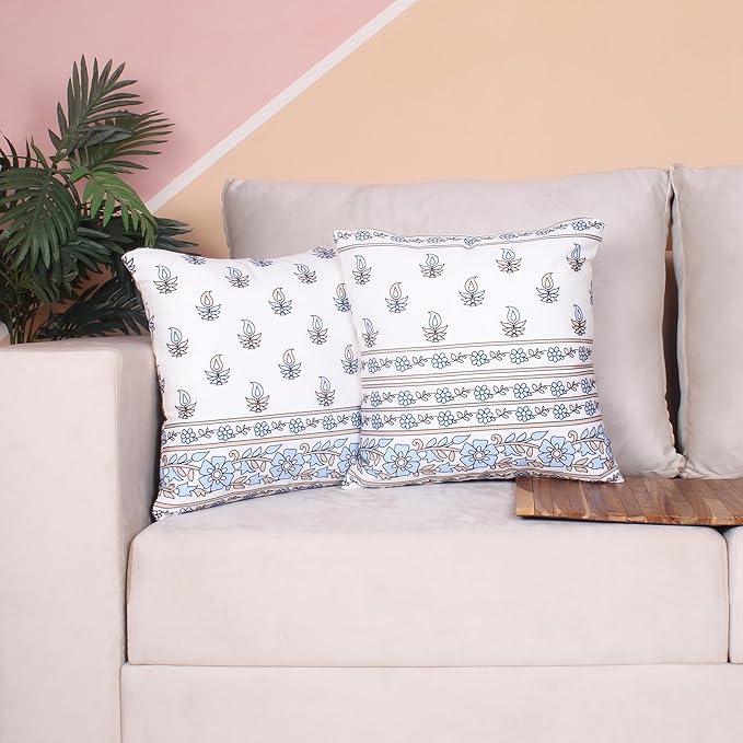 Both Side Block Print Paisley Garden Cushion Cover Set of 2 (12 x 12 Inches - Car Cushion Cover)