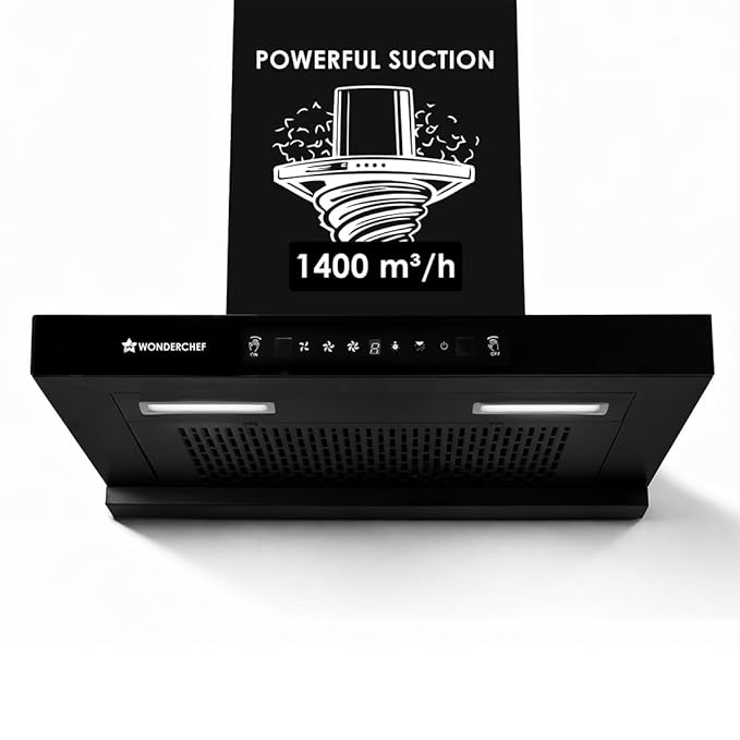 Wonderchef Ruby Sleek 60cm Chimney| Powerful Suction of 1400m3/hr| Auto Clean Function| Oil Collector| Low Noise| Black