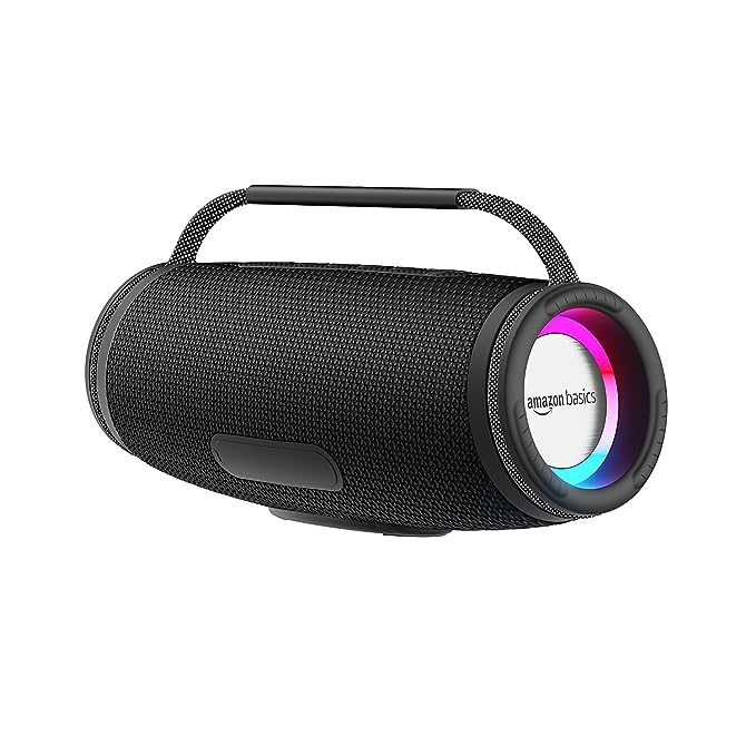 Amazon Basics Bluetooth 16W Speaker, with TWS Function, Powerful Bass, BT 5.3, MicroSD Card Slot, RGB Lights, AUX Input, USB Support, and in-Built Noise Cancelling Mic (Black)